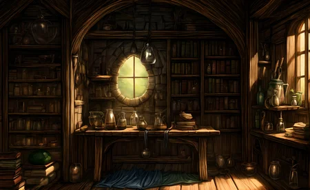 medieval, interior, medieval interior, wooden interior, table, chair, big black cauldron, shelves, books, scrolls, window covered with thin see-through animal hides, (jars filled with mysterious ingredients for brewing potions with:0.4), herbs, a small pestle and mortar,
HD, very detailed, ambient lighting,
<lora:more_details:1> <lora:Bloodborne:0.25> , <lora:FantasyInteriors:0.4> fanint <lora:FantasyStudy:0.4> fanstu