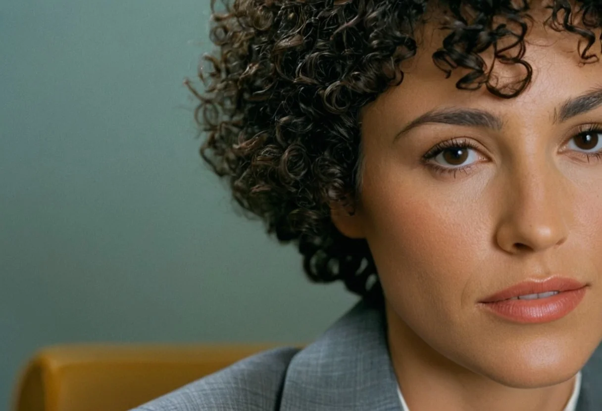 Film Still, close-up shot, 35 years old woman wearing gray suit, short curly hair, soft natural lighting, Shot on 70MM film, kodak vision 3 500t Film, ISO 100, f/4, 58mm focal length, movie still, panavision 70, Cinematic, cinematic color grading, (sharp details, high quality, 8k, intricate details, highly-detailed, masterpiece, award-winning, professional, highly detailed)