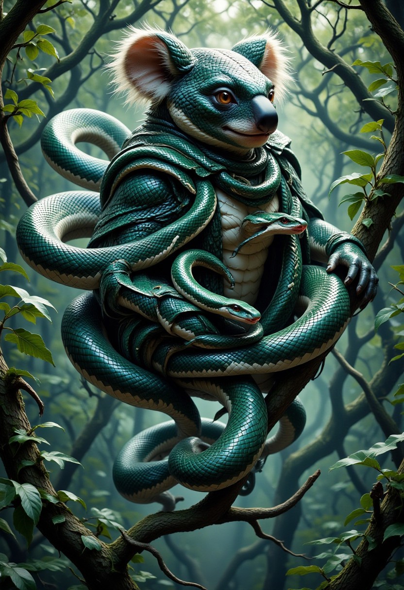 sn4k3, aidmamj6.1, mythp0rt, anime, cyberpunk, Create a surreal and highly detailed creature that is a hybrid of a koala and a snake. The creature has the soft, fluffy body of a koala, but its limbs are sleek and serpentine, with scales blending seamlessly into fur. Its face is a mix of both animals—large, round koala-like eyes with vertical snake pupils, and a small, rounded nose that transitions into a forked snake tongue. The tail is long and coiled, covered in a mix of fur and scales. The background is a lush eucalyptus forest, where the creature is draped over a tree branch, blending its koala and snake traits naturally into the environment. The lighting is soft and dappled, with a dreamlike, almost magical atmosphere.