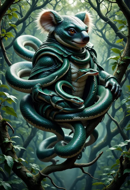 sn4k3, aidmamj6.1, mythp0rt, anime, cyberpunk, Create a surreal and highly detailed creature that is a hybrid of a koala and a snake. The creature has the soft, fluffy body of a koala, but its limbs are sleek and serpentine, with scales blending seamlessly into fur. Its face is a mix of both animals—large, round koala-like eyes with vertical snake pupils, and a small, rounded nose that transitions into a forked snake tongue. The tail is long and coiled, covered in a mix of fur and scales. The background is a lush eucalyptus forest, where the creature is draped over a tree branch, blending its koala and snake traits naturally into the environment. The lighting is soft and dappled, with a dreamlike, almost magical atmosphere.