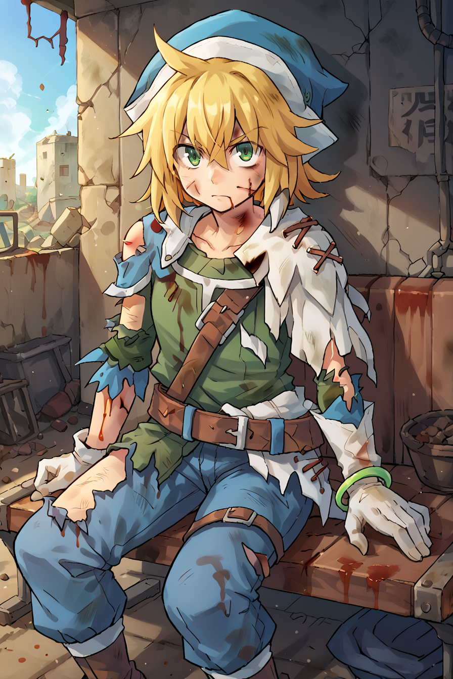 score_9, score_8_up, score_7_up, score_6_up, source_anime, BREAK, <lora:Cruz:0.9> , crdef, green eyes, blonde hair, medium hair, hat, blue headwear, asymmetrical clothes, cross-laced clothes, side cape, white side cape, white gloves, mismatched sleeves, green sleeve, blue sleeve, blue bracelet, green shirt, baggy blue pants, belt, shoulder belt, solo, serious expression, closed mouth, looking at viewer, exterior, interior, dirty, bench, sitting,<lora:backgroundsetXL:0.3> , background,  <lora:1g0rXLP:0.5> , 1g0r,  <lora:Battle_Damage:0.8> , BattleDamage, cuts, bruises, damaged, torn clothes, blood,