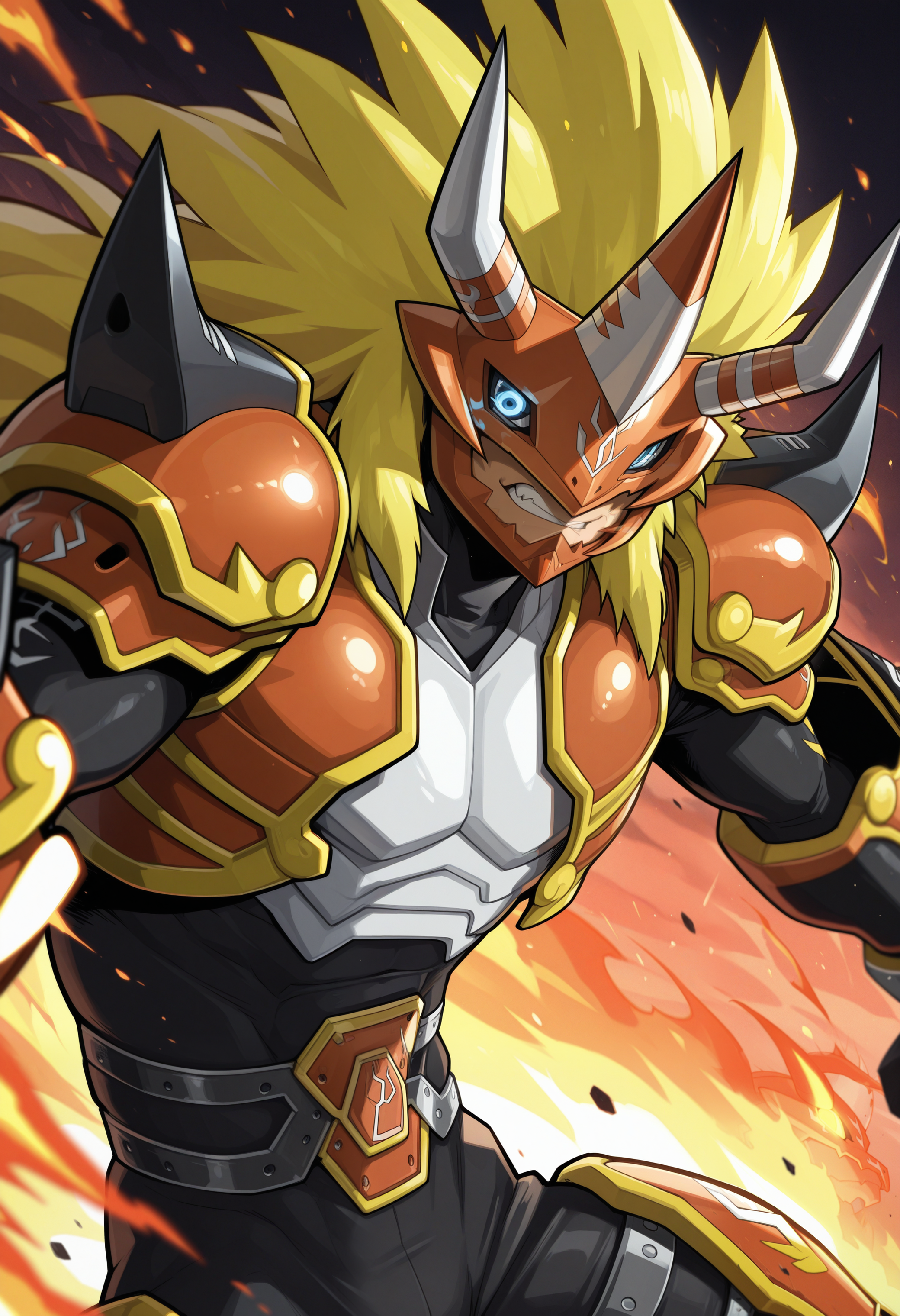 masterpiece,best quality,amazing quality, 1boy, 4gun1, digimon (creature), armor, close up, side angle, glowing eyes, fire, looking at viewer, attack,

