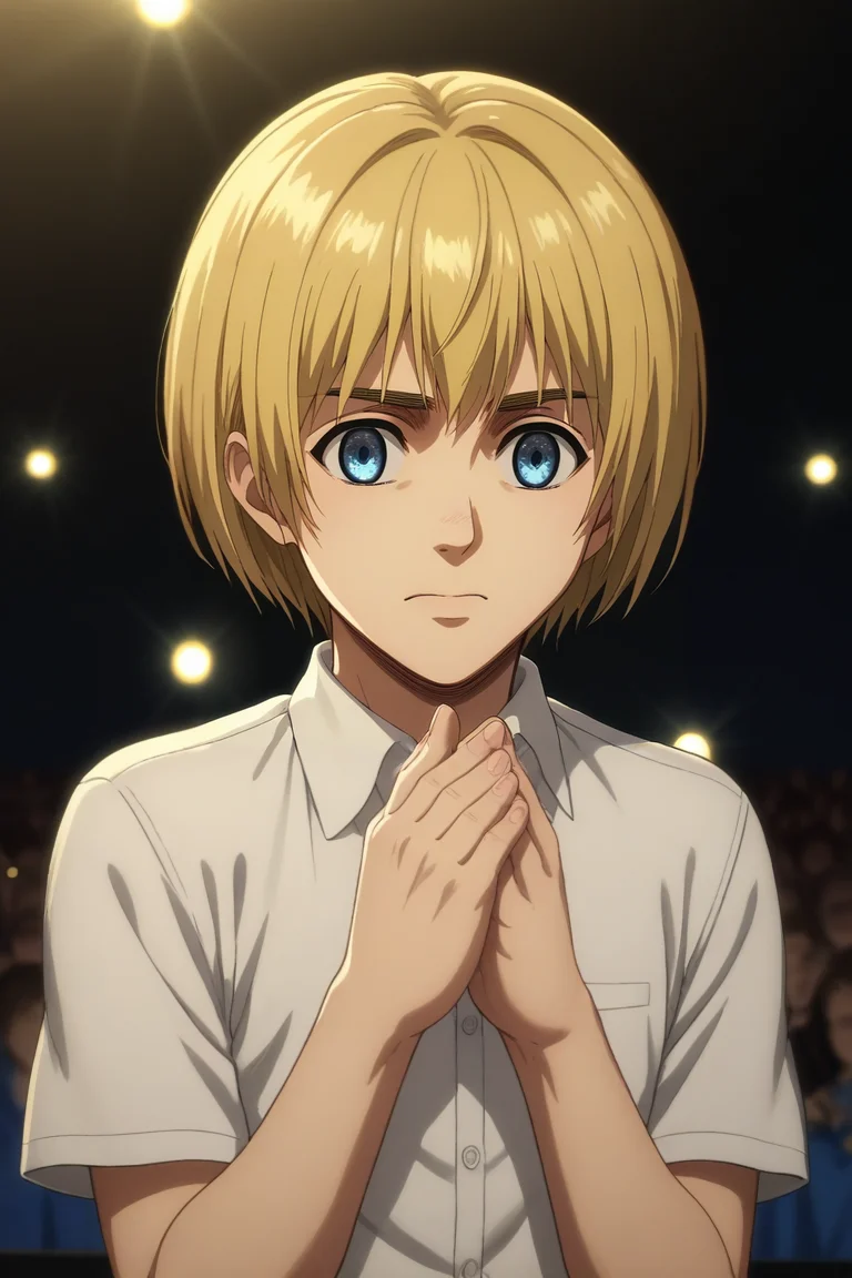 score_9, score_8_up, score_7_up, source_anime, rating_safe, intricate details, anime screencap, , , , depth of field, 1boy, solo, male focus, <lora:armin_arlert_pony:0.92>, armin_arlert, blonde hair, blue eyes, short hair, bob cut, bangs, upper body, concert, stage, stage lights, idol, light, own hands together, wavy mouth, closed mouth, ,, <lora:sdxl_lightning_8step_lora:1>