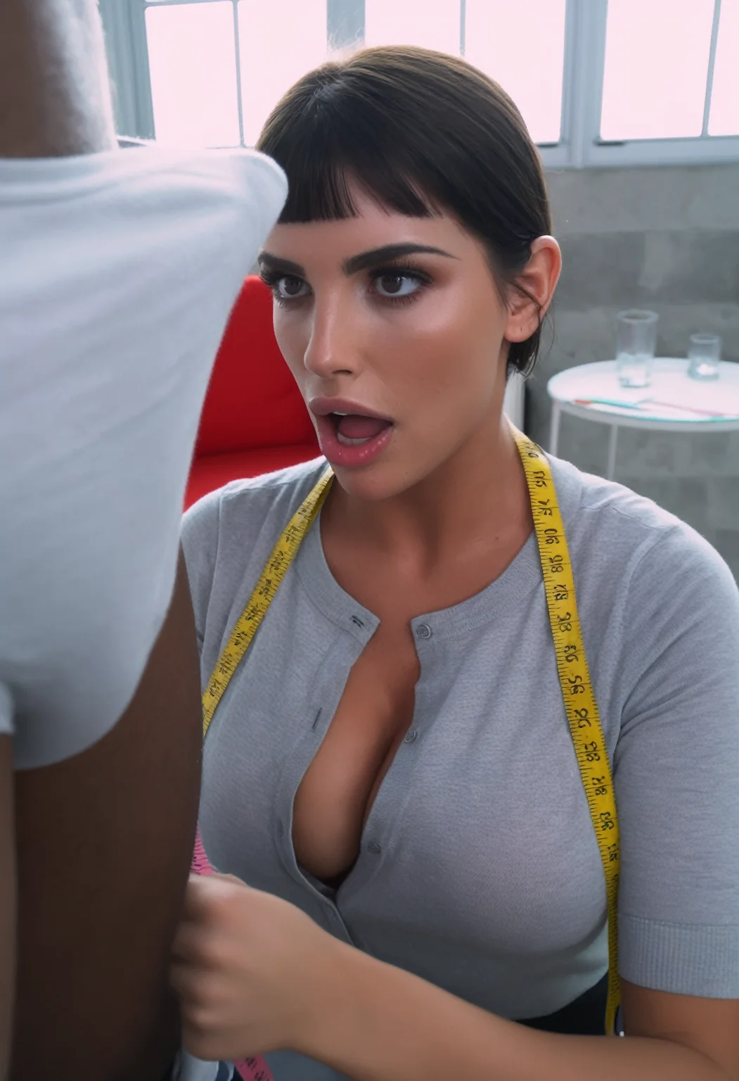 24 year old, huge breasts, Gray pixie cut with bangs, Maltese real world location, peach eyes, fair skinned, best quality, RAW photo, subject, 8k uhd, high quality, photorealistic, plush, Over-the-shoulder shot, <lora:add-detail-xl:0.3> <lora:aamcblgXLrd:0.7>, aamcblgxlrd, 1girl, open mouth, 1boy, hetero, dark skin, dark-skinned female, erection, dark-skinned male, bulge, realistic, interracial, erection under clothes, imminent fellatio, measuring