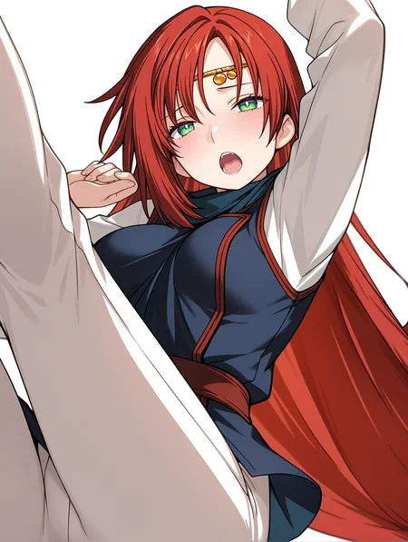 masterpiece,best quality,newest,
1girl,solo,
<lora:elenoa_ilxl_v3.9:1>,elenoa,red hair,very long hair,green eyes,
e_circlet,
e_02clothes,long_sleeves,white sleeves,blue clothes,white pants,
<lora:Fixhands_anime_bdsqlsz_V1:1>,looking_at_viewer,simple_background,white_background,light_blush,open mouth,jumping,embarrass,