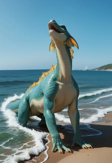 score_9, score_8_up,score_7_up, score_6_up, score_5_up
solo, source_furry,
feral, female dragon, sea dragon, aquatic dragon, western dragon, webbed claws, frill gills. tail fin, dorsal frill, marine scales, aqua color scales, green frill, two-tone skin, green underbelly,
daytime, beach, waves, ocean, coastline,