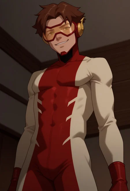 score_9, score_8_up, score_7_up, highly detailed, cute boy, 1boy, solo, Impulseyj, red framed goggles yellow lenz, red and white bodysuit, brown hair, smug smile, from below, looking down at viewer,