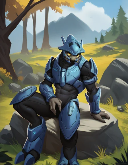 score_9, score_8_up, score_7_up, score_6_up, score_5_up, score_4_up, source_furry, , [ksh|gmjj], sangheili, anthro, (male:1.2), solo, halo \(series\), armor, power armor, alien, muscular, yellow eyes, looking at viewer, outside, forest, field, black bodysuit, breastplate, helmet, sitting, sitting on rock, upper body, three-quarter portrait, leaning back, no headgear, blue armor, 2 toes, 
<lora:sangheili_pdxl_:1>