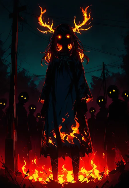 nlstn, glowing eyes, 1girl, glowing, horns, silhouette, fire, dark, outdoors, antlers, power lines, long hair, standing, looking at viewer, utility pole,3Y3S_illu