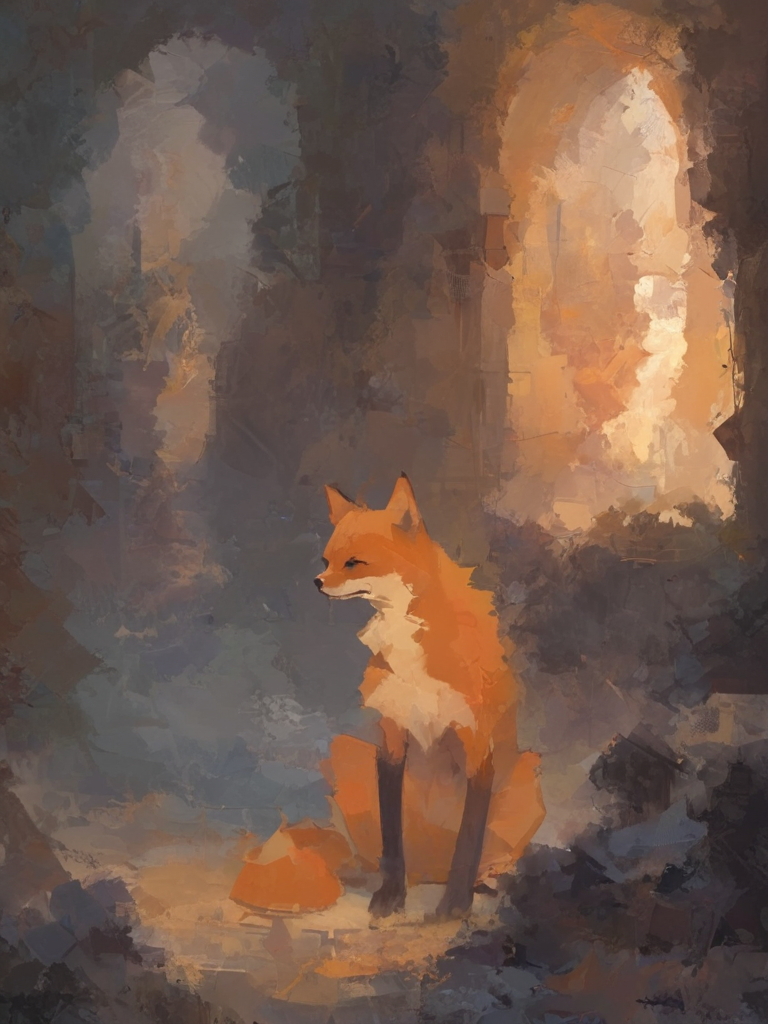 (ptrn-no1:1.4) a sad depressed fox searching for enlightenment in an old temple to reach complete and utter derpage , detailed, colorful, lighting composition, <lora:- SDXL - ptrn-no1_style_V1.0:1>, <lora:- SDXL - stnerfx _Stoned_Fox_Style_V4.0:0.1>