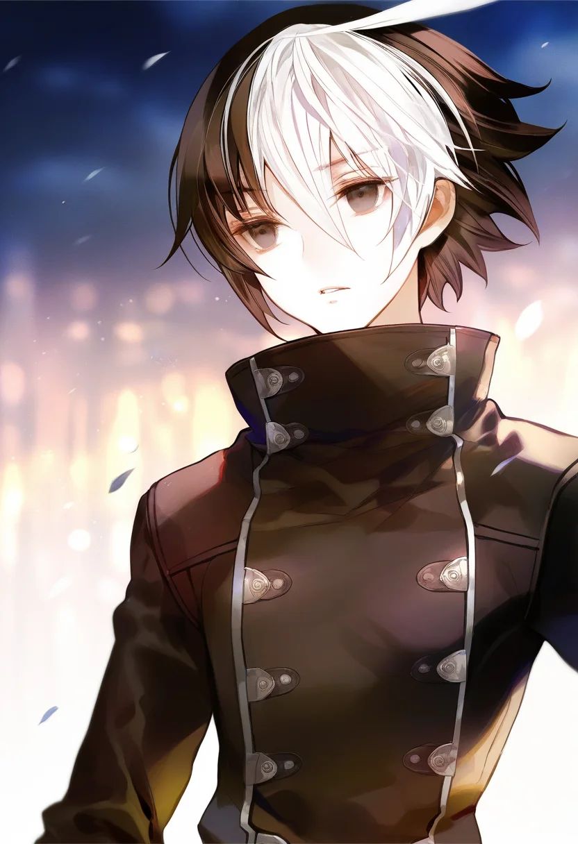artist:gomzi,artist:wanke,artist:diyokama, rei_(sanbonzakura),[[artist:fuzichoco]],year 2023,
1boy, solo, seth \(under night in-birth\), black eyes, two-tone hair, black hair, white hair, short hair, ahoge,
black coat, double-breasted, high collar, belt,
night, upper body,
<lora:uni_maleplayables.ilxl:01>
