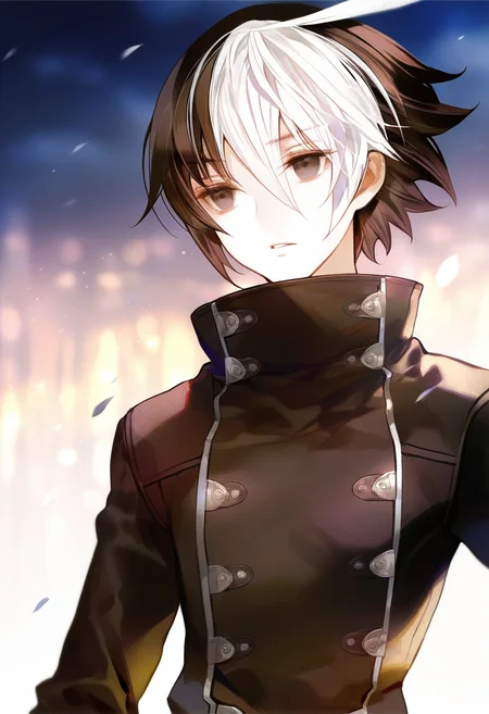 artist:gomzi,artist:wanke,artist:diyokama, rei_(sanbonzakura),[[artist:fuzichoco]],year 2023,
1boy, solo, seth \(under night in-birth\), black eyes, two-tone hair, black hair, white hair, short hair, ahoge,
black coat, double-breasted, high collar, belt,
night, upper body,
<lora:uni_maleplayables.ilxl:01>