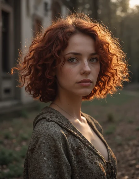 A beautiful lady with flowing auburn hair,Short curly hair,Honey,shot from side,Sedlec Ossuary Czech Republic,(high quality awardwinning masterwork 4k highly detailed),Fujifilm Neopan 100,waning light,<lora:real-lora:1>