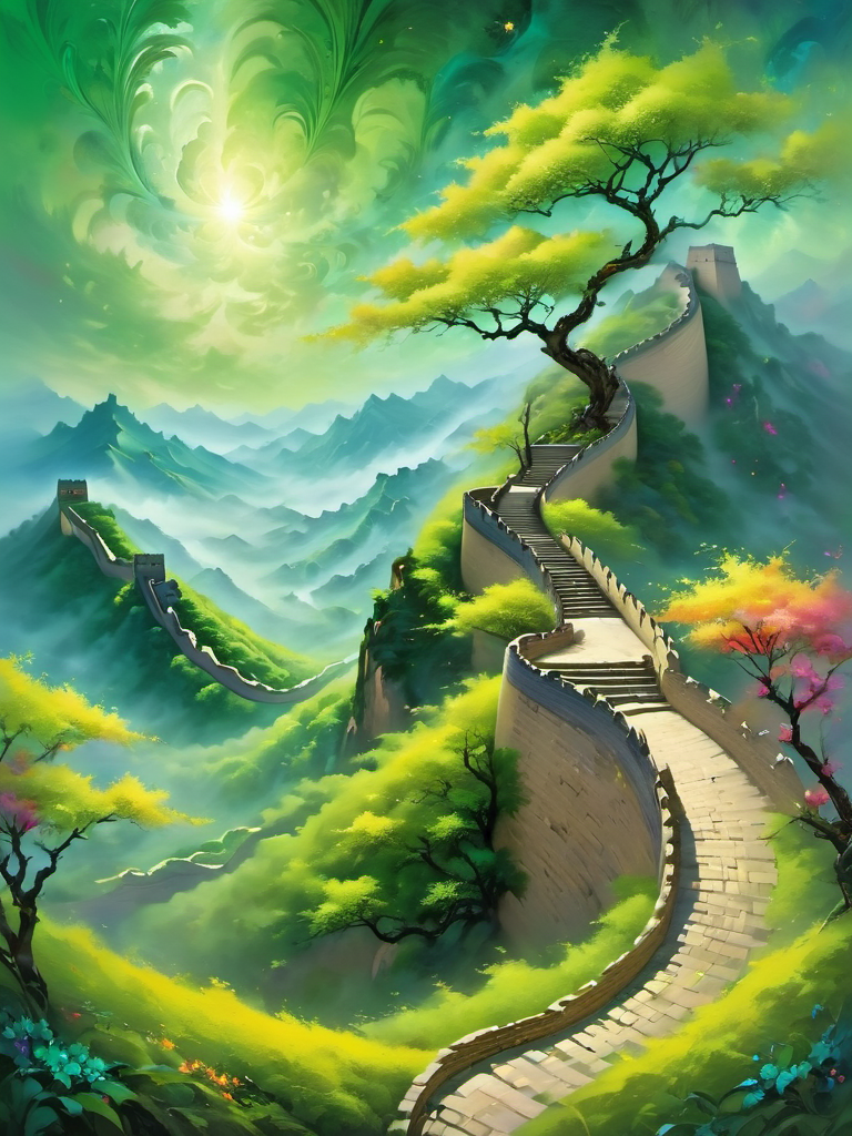 ethereal fantasy concept art of  abstract fractal, the great wall of China, green village, <lora:ElvenGrass:1.0> . magnificent, celestial, ethereal, painterly, epic, majestic, magical, fantasy art, cover art, dreamy