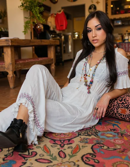 A bohemian goddess lounges on a colorful Moroccan rug in a vibrant souk, surrounded by exotic spices and textiles. She wears a flowy, embroidered white kaftan, paired with layered necklaces and chunky ankle boots. The camera captures her from a 45-degree angle, highlighting the intricate patterns of the rug and the textures of her clothing.