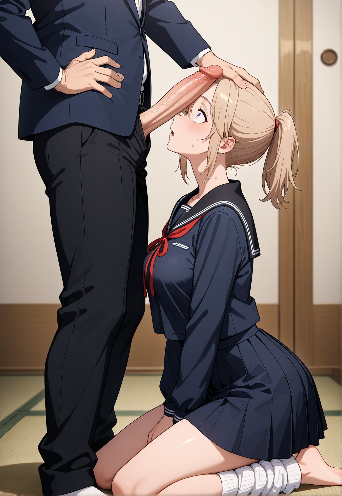 masterpiece,best quality,amazing quality,very aesthetic,absurdres,newest, huge filesize,
<lora:spo_sdxl_10ep_4k-data_lora_webui:0.5>,anime coloring, 
1girl, 1boy, hetero, head grab,from side, close up,  erection, penis, penis on face, hand on own hip, 
old japan house, tatami,   on kneeling, looking at another, looking up, standing male, 
nervous sweating, penis awe, huge penis,  
<lora:AKI_Lonely_Castle_in_the_Mirrorr:0.7>
BREAK
AKI,
light brown hair female,medium breasts, sexy body,  half-closed eyes, 
short hair,tied hair, surprised, wide eyes,
black sailor uniform,navy blue outfit,
red ribbon,
white socks, ponytail, 
loose socks, miniskirt, pleated skirt, sexy leg, 
sitting pose female,
BREAK
1boy, father,ugly man,suit, black pants, barefoot male,