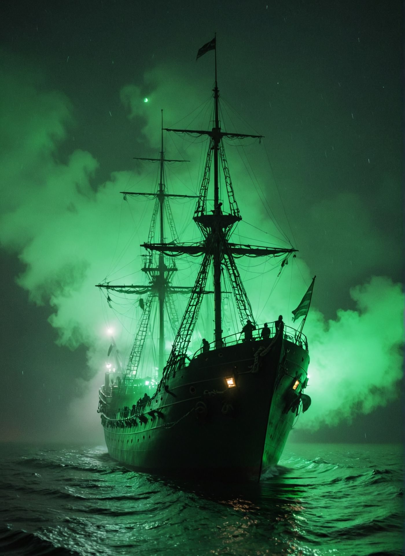 mysterious, a ghostly ship sailing through a foggy night, spectral crew members visible on deck, eerie green glow emanating from the ship, haunting and atmospheric 
<lora:xray:1>
 <lora:WildcardX-XL-Detail-Enhancer:1>