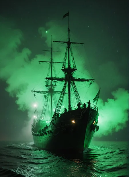 mysterious, a ghostly ship sailing through a foggy night, spectral crew members visible on deck, eerie green glow emanating from the ship, haunting and atmospheric
<lora:xray:1>
<lora:WildcardX-XL-Detail-Enhancer:1>