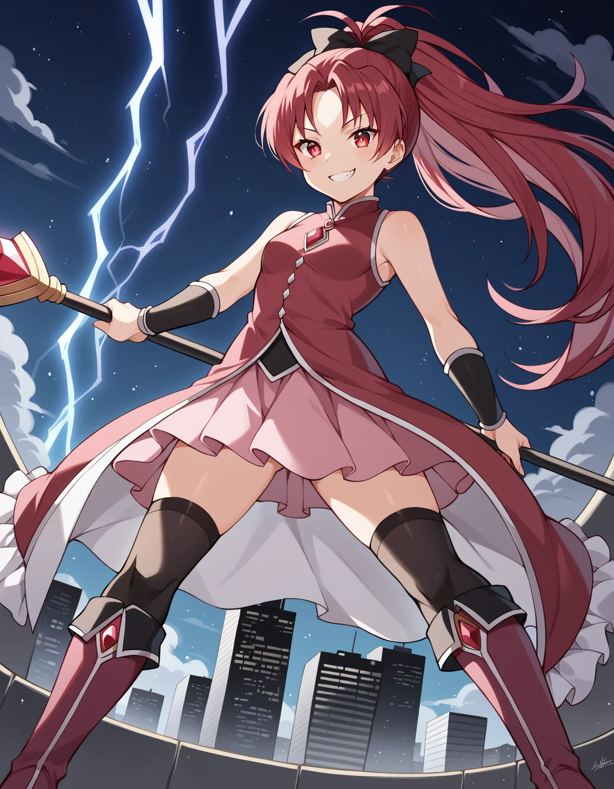 score_9, score_8_up, score_7_up, source_anime, rating_safe, BREAK <lora:kyokoSakuraXL_LoRA-C3Lier_AdamW_Dim8_Alpha8_UN-3e-4_TE-1.5e-4_10batch_ponyDiffusionV6XL_v6StartWithThisOne:1:lbw=LC-OUT05>, sakura kyoko, 1girl, long hair, red hair, ponytail, red eyes, hair bow, black bow, magical girl, thighhighs, fang, red dress, soul gem, bare shoulders, sleeveless, detached sleeves, pink skirt, frilled skirt, black thighhighs, red boots, holding weapon, holding polearm, polearm, spear, grin, dutch angle, standing, legs apart, looking down, looking at viewer, aura, wind, light particles, lightning, glowing eyes, skyscraper, night, night sky, cloud, city lights