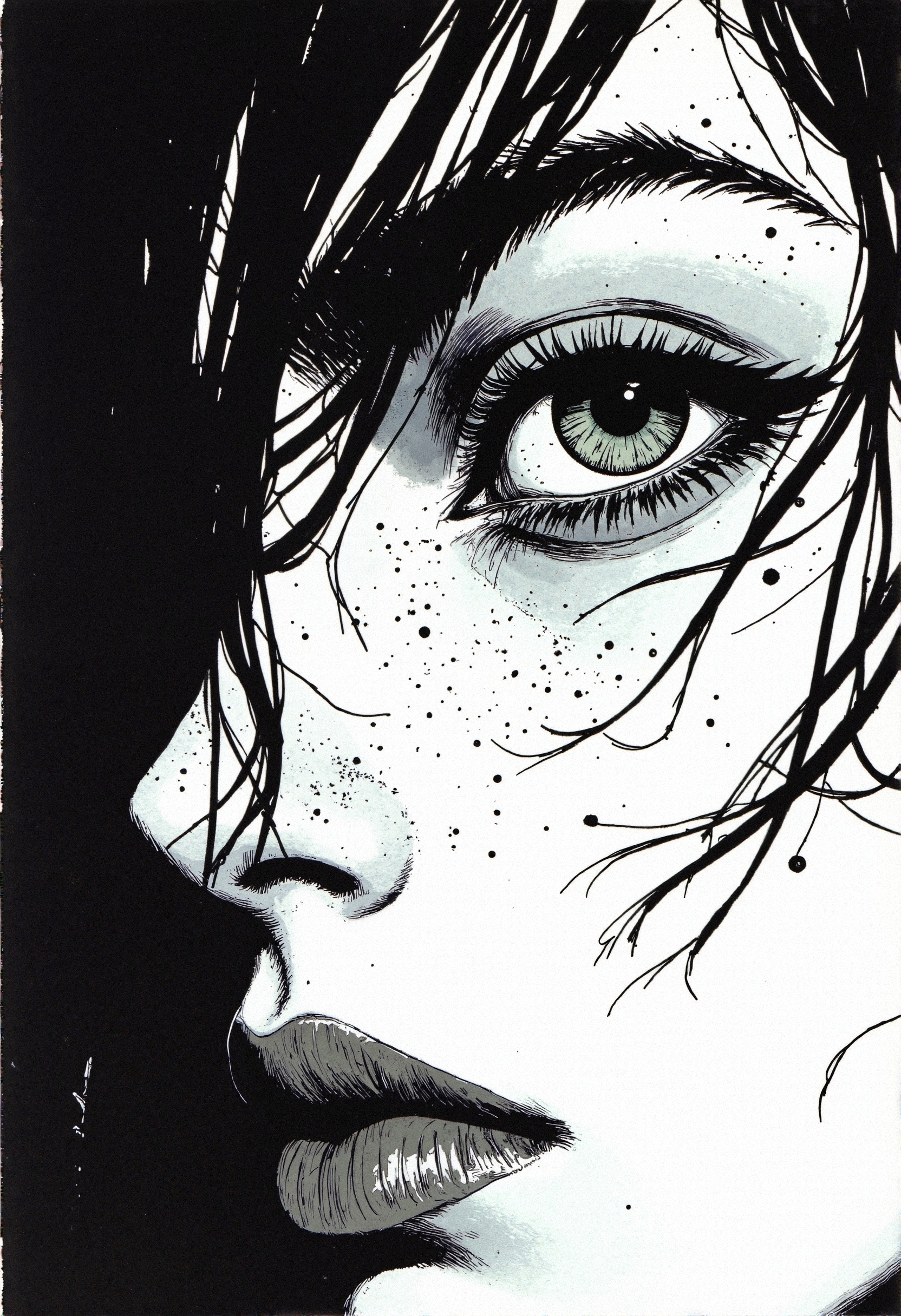 Comic book illustration, 
A masterfully detailed, ink-heavy manga close-up of a young woman lost in thought, her gaze filled with a deep, unspoken sorrow as strands of her dark, tangled hair obscure parts of her pale face, each strand illustrated with chaotic, expressive line work. The depth of her large, reflective eye is emphasized with intricate pen strokes and delicate hatching, while subtle freckles and faint imperfections add realism to her melancholic expression. The monochrome palette, rich in cross-hatching, stippling, and rough ink textures, enhances the noir atmosphere, making her appear as though she is emerging from the shadows of a tragic narrative, reminiscent of classic psychological manga art. The high-contrast interplay of light and darkness gives the portrait a haunting depth, creating a sense of emotional intensity and silent storytelling within the static image.
 <lora:Comic_Style_-_FLUX:1.0>