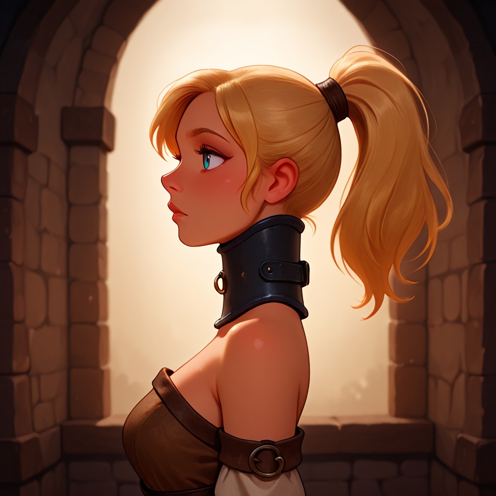 masterpiece, best quality, amazing quality, 1girl, 20 yo blonde with ponytail, submissive, posture collar, bare shoulders, seen from side, medieval dungeon <lora:Posture Collar_epoch_12:1>