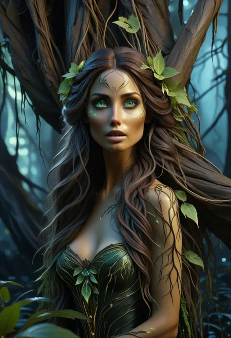 A picture of a beautiful Forest Nymph, her hair made of tree branches with leaves hanging off the ends, long and hang down like the Weeping Willow, her skin resembles the color and texture of Aspen bark, she has Ivy vines to cover her Un-mentions, beautiful facial features, bright green almond shaped eyes, she is leaning her head  agents a dyeing tree, she is hugging the tree, starring at the camera, the Butter Tree yellow butter is dripping on the ground, peaking out of the forest is a Grim Reaper in the background, in the mid-ground is a dark bio-luminescent fairy forest with glowing mushrooms, Background concept for the movie “Avatar”, Bioluminescent, glowing, radiant, alien planet, beautiful landscape, alien plants, Focused lights, whimsical fairytale, psychedelic trip, sharp focus on subject, 3D effect in the background, realize,