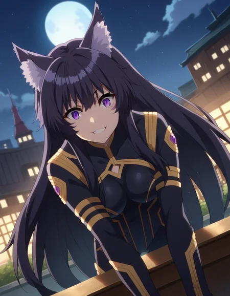 score_9, score_8_up, score_7_up, source_anime,
shadowdelta, <lora:shadow-delta-ponyxl-lora-nochekaiser:1>,
delta, long hair, black hair, animal ears, purple eyes, cat ears, animal ear fluff, facial mark, smile,
bodysuit, black bodysuit,
outdoors, cityscape, night, moon, bent over,
looking at viewer, cowboy shot, dutch angle,