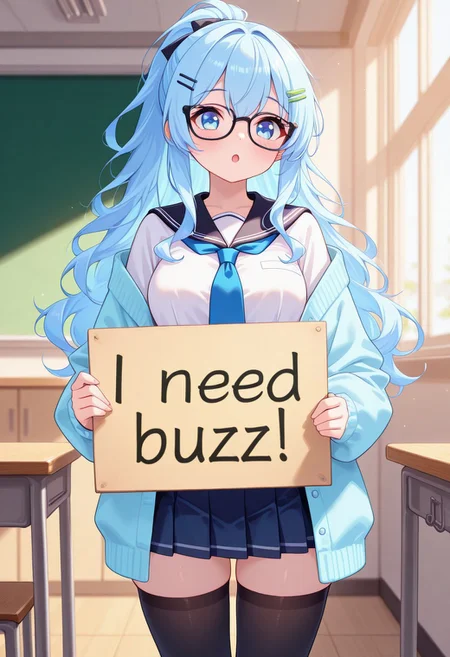 32k uhd, (masterpiece:1.2), (best quality:1.2), (very aesthetic:1.2), (absurdres:1.2), (detailed background),newest, 1girl,cute, short girl, smart girl, sailor uniform,white shirt, (cardigan, open cardigan, light blue cardigan) , very long sleeves, sleeves past wrists,  blue tie, blue miniskirt, glasses, black-framed eyewear,  hairclips , black thighhigh, medium breast, light blue hair, long hair, wavy hair,  ponytail, wavy ponytail, blue eyes, morning ,:o, kuudere, (need_buzz, holding sign), classroom