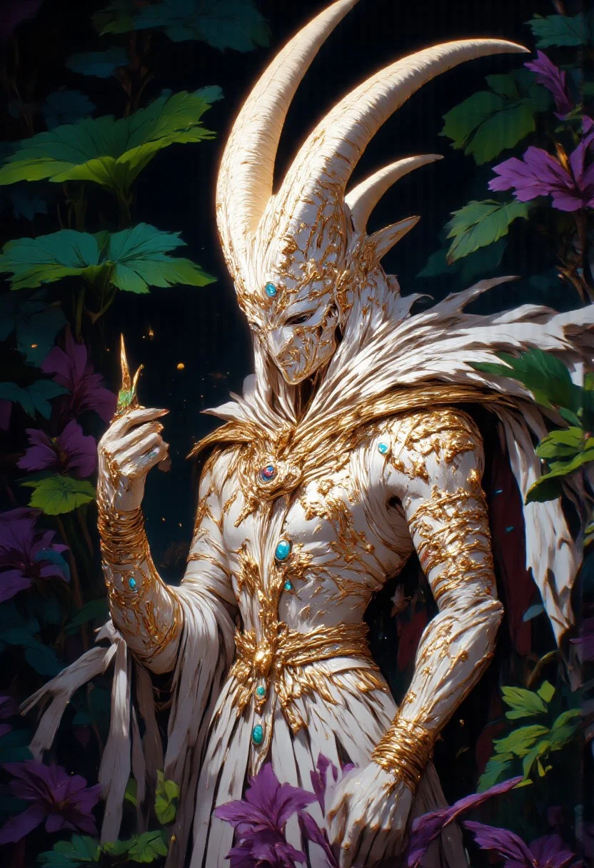 A surreal digital illustration of a young Jester King in avant-garde white jester attire, inspired by the high-fashion designs of Alexander McQueen. The jester mask, unlike any regular mask, features golden accents with intricate lotus flower engravings and Egyptian hieroglyphs, symbolizing his deity-like status. His avant-garde jester hat has sharp, exaggerated points, embroidered in gold with small jewels. The white robe and cloak, designed with asymmetry and angular cuts, flow dramatically around him, adorned with high-fashion details. The robe is embellished with gold thread, while the cloak fastens with golden clasps shaped like lotus petals and Egyptian scarabs. His royal ornaments include golden bangles, a ruby pendant necklace, and a gold crown with Indian-inspired filigree. In an unusual, aesthetic pose, the king looks away from the viewer. One hand is delicately raised, fingers splayed, while the other rests on his hip. The camera angle is slightly above eye level, with a 50mm lens capturing the full attire details. Soft, diffused lighting casts subtle shadows, emphasizing the textures of his mask and clothing. The background features vibrant green leaves against a rich purple backdrop, creating a surreal atmosphere. The lighting contrasts, drawing attention to his divine, ethereal presence. (mythp0rt, ne0nfant4sy, aidmaMJ6.1, aidmaimageupgrader)