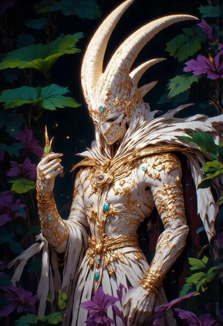 A surreal digital illustration of a young Jester King in avant-garde white jester attire, inspired by the high-fashion designs of Alexander McQueen. The jester mask, unlike any regular mask, features golden accents with intricate lotus flower engravings and Egyptian hieroglyphs, symbolizing his deity-like status. His avant-garde jester hat has sharp, exaggerated points, embroidered in gold with small jewels. The white robe and cloak, designed with asymmetry and angular cuts, flow dramatically around him, adorned with high-fashion details. The robe is embellished with gold thread, while the cloak fastens with golden clasps shaped like lotus petals and Egyptian scarabs. His royal ornaments include golden bangles, a ruby pendant necklace, and a gold crown with Indian-inspired filigree. In an unusual, aesthetic pose, the king looks away from the viewer. One hand is delicately raised, fingers splayed, while the other rests on his hip. The camera angle is slightly above eye level, with a 50mm lens capturing the full attire details. Soft, diffused lighting casts subtle shadows, emphasizing the textures of his mask and clothing. The background features vibrant green leaves against a rich purple backdrop, creating a surreal atmosphere. The lighting contrasts, drawing attention to his divine, ethereal presence. (mythp0rt, ne0nfant4sy, aidmaMJ6.1, aidmaimageupgrader)