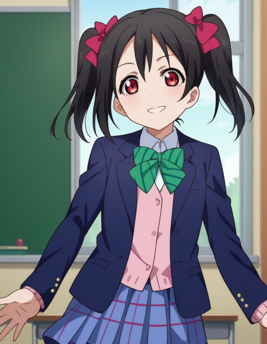 score_9, score_8_up, score_7_up, source_anime,
nikoyazawa, <lora:nico-yazawa-s1-ponyxl-lora-nochekaiser:1>,
niko yazawa, black hair, red eyes, bow, twintails, hair bow,
skirt, school uniform, jacket, blazer, winter uniform, otonokizaka school uniform,
indoors, classroom, smile,
looking at viewer, cowboy shot, dutch angle,