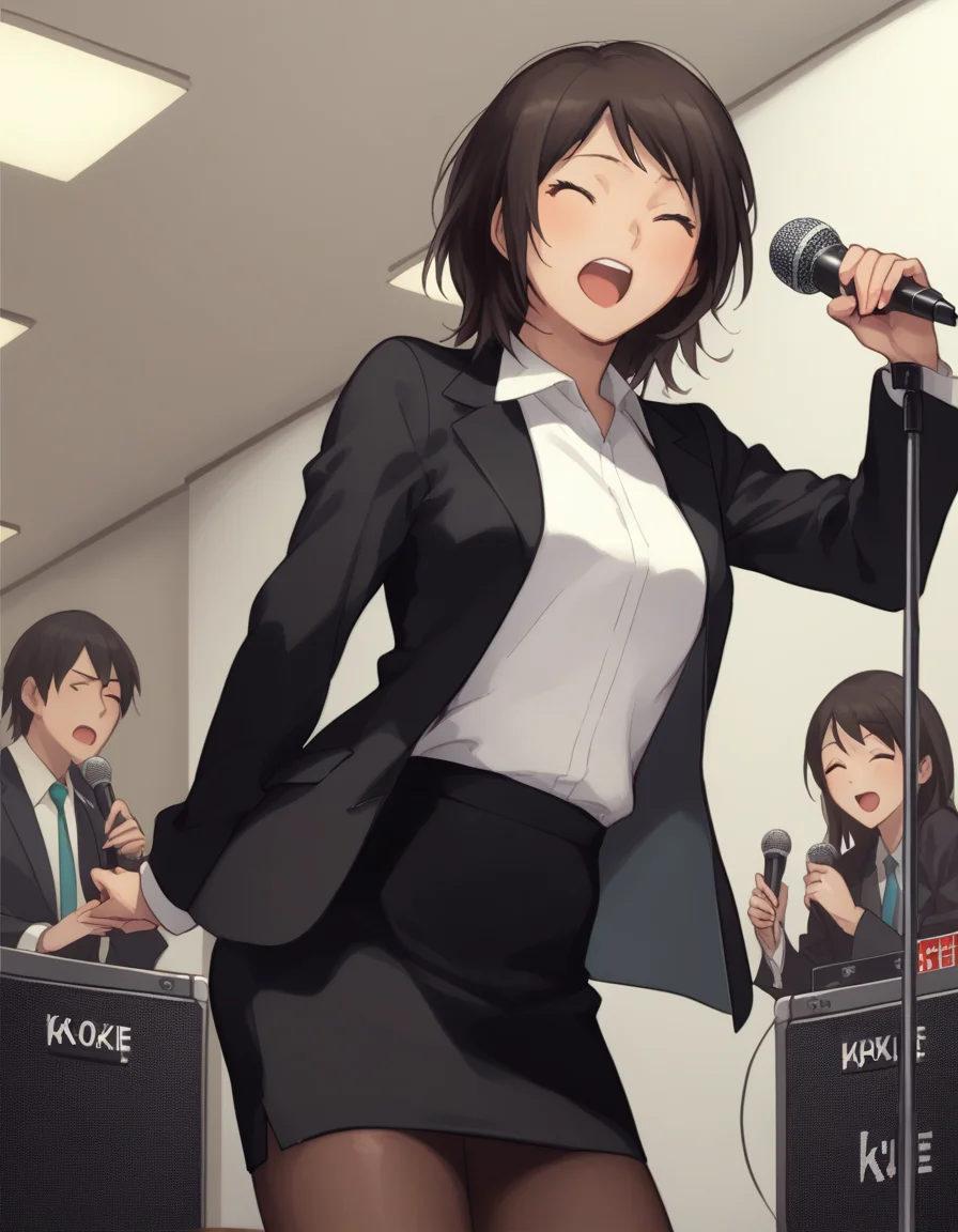 score_9, score_8_up, score_7_up, source_anime <lora:takahashi-maya-ponyxl-000035:1> takahashi maya, skirt suit, black jacket, white shirt, pencil skirt, pantyhose,
singing, holding microphone stand, closed eyes, karaoke box