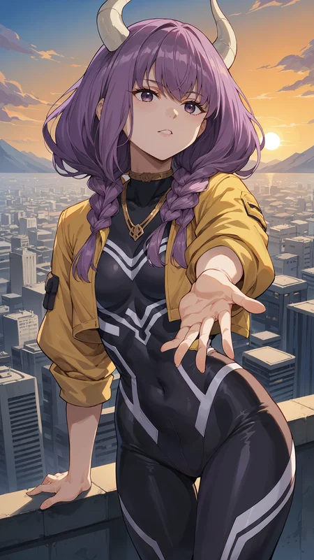 score_9,score_8_up,score_7_up,score_6_up, <lora:xl_more_art-full_v1:0.5>, source_anime, girl, dynamic pose, outstretched hand, <lora:Aura - Pony-000004:0.8>, long hair, purple hair, multiple braids, bangs, purple eyes, white horns, gold necklace, choker, cropped jacket, futuristic bodysuit, black bodysuit, sleeves rolled up, skyscraper, modern city, rooftop, yellow jacket, sunset,