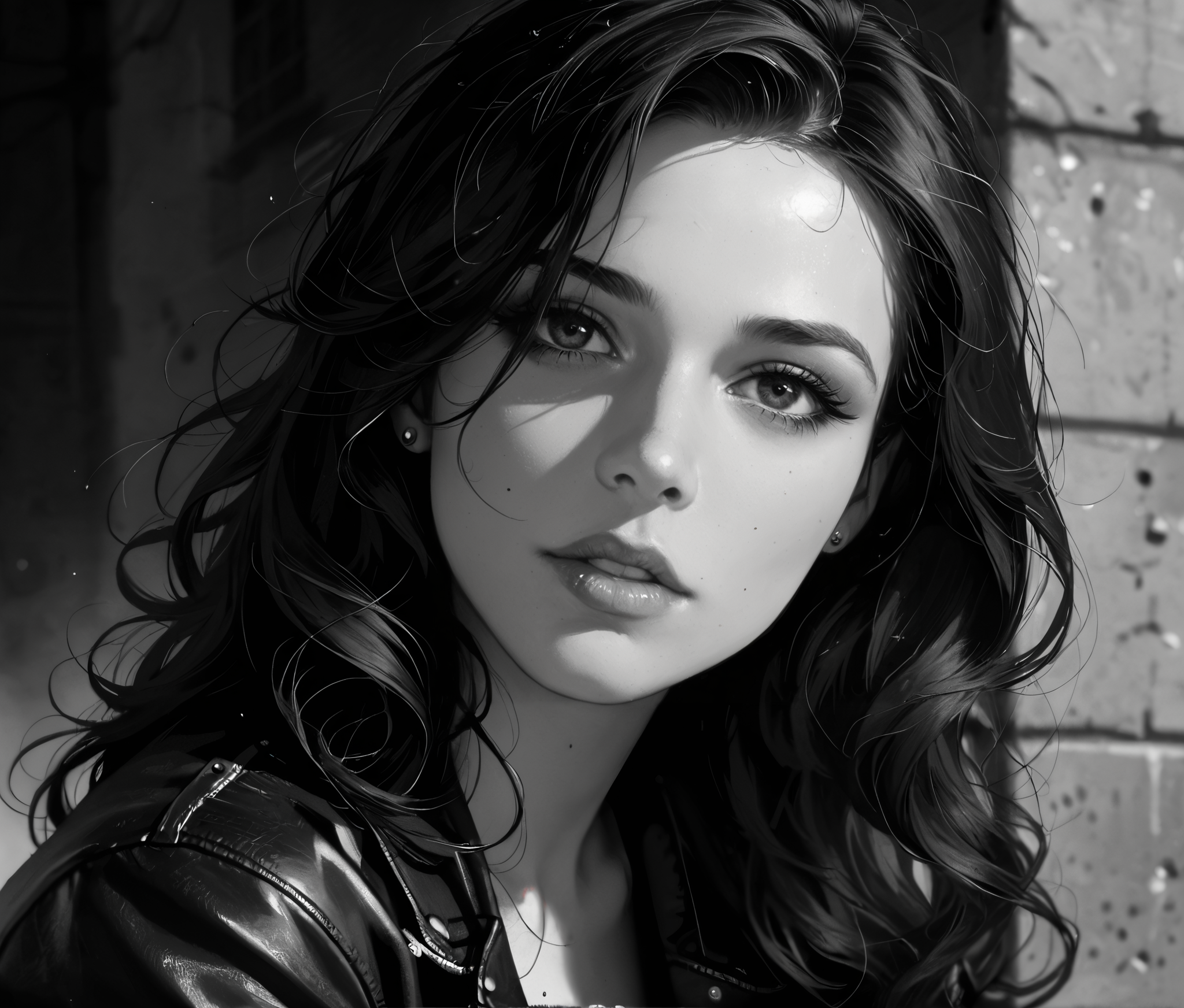 Expressiveh,score_9, score_8_up, score_7_up, realistic, Dramatic angle, A moody black and white portrait of a beautiful young woman with a ((square face , round jaw, high cheek bones)) , parted lips, mascara, sitting on a concrete ledge in an urban setting, surrounded by weathered stone walls and rough textures. She wears a black leather jacket and a short skirt, with glossy black high heels. Her pose is introspective and edgy, as she gazes directly into the camera with a bold, intense expression. Her long wavy hair falls naturally across her face, adding to the raw, emotional atmosphere. The environment has a grunge aesthetic, with natural shadows, high contrast lighting, and a timeless cinematic quality. Shot with a shallow depth of field, editorial fashion photography style, high-resolution details in fabric and skin texture, (black and white:1.7), urban grunge, edgy fashion, emotional portrait, natural pose, film noir vibe, leather aesthetic, minimalist background.<lora:Expressive_H:0.9> <lora:add-detail-xl:1.5><lora:dark:0.3>
