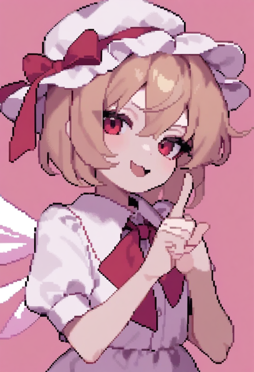 masterpiece,best quality,very aesthetic,absurdres,<lora:pixel_art_v4:1>,1girl, blonde_hair, crystal, flandre_scarlet, hat, hat_ribbon, highres, index_finger_raised, looking_at_viewer, mob_cap, one_side_up, pink_background, pixel_art, red_eyes, red_ribbon, ribbon, simple_background, solo, upper_body, white_hat, wings