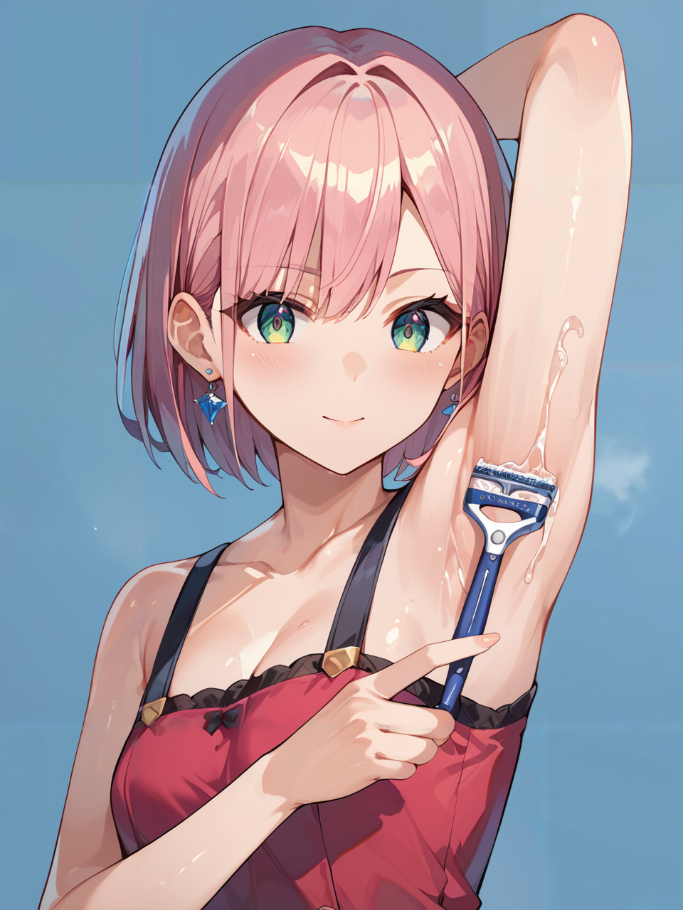 score_9, score_8_up, score_7_up,source_anime, high res image,masterpiece,quality,best quality,ultra-detailed,8K,illustration,CG,shiny hair,clear skin,ultra-detailed-eyes,simple background,cute girl <lora:shaving armpits hair_pony_V1.0:0.8> shaving armpits hair, armpits, holding razor, arm up
