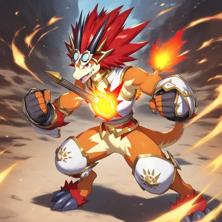 <lora:bal_V1-1>,sun dragon bal,solo,armor,goggles,goggles on head,clenched hands,weapon,fighting stance,standing,fang,fangs,human scabbard,gauntlets,1boy,knee pads,breastplate,fingerless gloves,official art,orange fur,furry,furry male,sword,flames on back,masterpiece,high score,great score,absurdres,