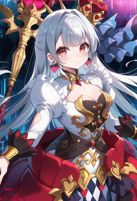 (score_9:0.9),score_8_up,score_7_up,rating_safe,anime style,(zPDXL),(zPDXL3),<lora:MALICE Queen Hearts of Crypter ponyXL v1:0.76>,mâlice queen hearts of crypter,1girl,solo,heart earrings,looking at viewer,closed mouth,red crown,blush,multicolored dress,cleavage,medium breasts,staff,holding staff,small breasts,(glitch),heart halo,  argyle background