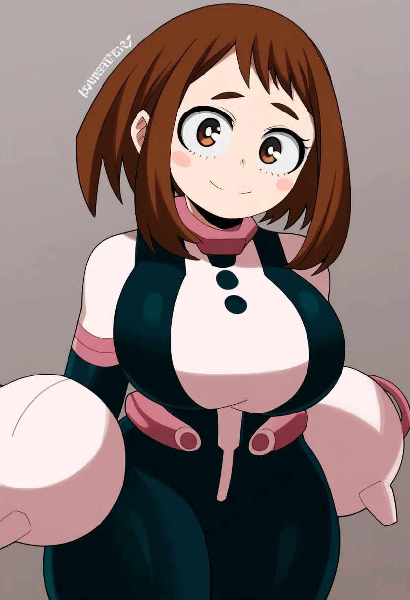 1girl, Solo, ochako_uraraka, brown hair, brown eyes, white pupil, blush stickers, hero bodysuit, black pink and white bodysuit, cute face, score_9, score_8_up, score_7_up, score_6_up, BREAK,
1woman, masterpiece, room background, female, thick thighs, thin waist, big breasts, curvy, looking directly at viewer, lustful, smile