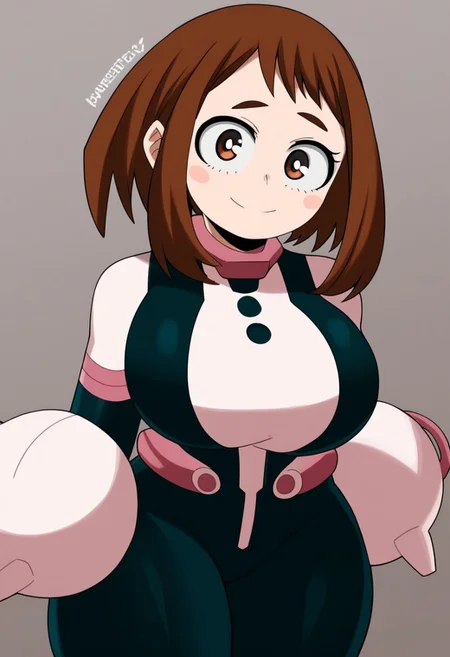 1girl, Solo, ochako_uraraka, brown hair, brown eyes, white pupil, blush stickers, hero bodysuit, black pink and white bodysuit, cute face, score_9, score_8_up, score_7_up, score_6_up, BREAK,
1woman, masterpiece, room background, female, thick thighs, thin waist, big breasts, curvy, looking directly at viewer, lustful, smile