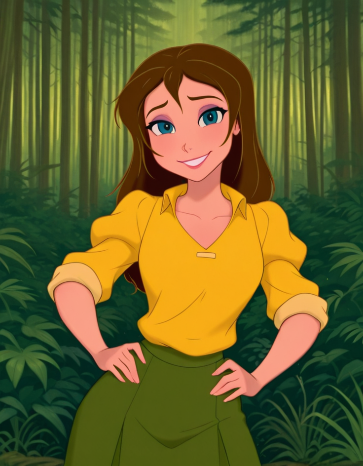 masterpiece, best quality, amazing quality, very aesthetic, absurdres,  newest, detailed background, cowboy shot, 4k, 8k, outdoors, beautiful eyes, 
janexd, 1girl, solo, brown hair, smile, long hair, shirt, nature, skirt, blue eyes, hands on hips, looking at viewer, yellow shirt, green skirt, makeup, forest, puffy sleeves, outdoors, sleeves rolled up,
 <lora:Jane_Porter_-_Disney_Illustrious:1>