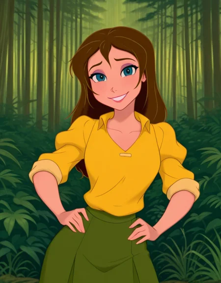 masterpiece, best quality, amazing quality, very aesthetic, absurdres, newest, detailed background, cowboy shot, 4k, 8k, outdoors, beautiful eyes,
janexd, 1girl, solo, brown hair, smile, long hair, shirt, nature, skirt, blue eyes, hands on hips, looking at viewer, yellow shirt, green skirt, makeup, forest, puffy sleeves, outdoors, sleeves rolled up,
<lora:Jane_Porter_-_Disney_Illustrious:1>