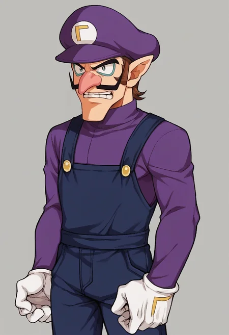 score_9, score_8_up, score_7_up, source_anime, BREAK <lora:zs_FE9PortraitsXL:1> fe9portraits, solo, cowboy shot, simple background, 1boy, <lora:ChamWaluigiPonyXL:1> Waluigi, mustache, teeth, pointy ears, brown hair, hat, purple headwear, purple shirt, long sleeves, overalls, white gloves