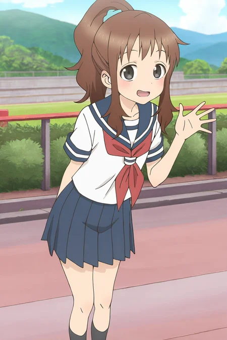 masterpiece,best quality,good quality,rating safe,, outdoor, <lora:takagawa_sumire-ill_narcissu:1>,sumire, takagawa_sumire, karakai jouzu no takagi-san, 1girl, solo, brown hair, ponytail, black eyes, long hair, blue scrunchie, bangs, serafuku, red neckerchief, blue sailor collar, short sleeves, white shirt,blue skirt,black socks,anime screencap, standing,smile,looking at viewer,waving hand,open mouth,outdoor