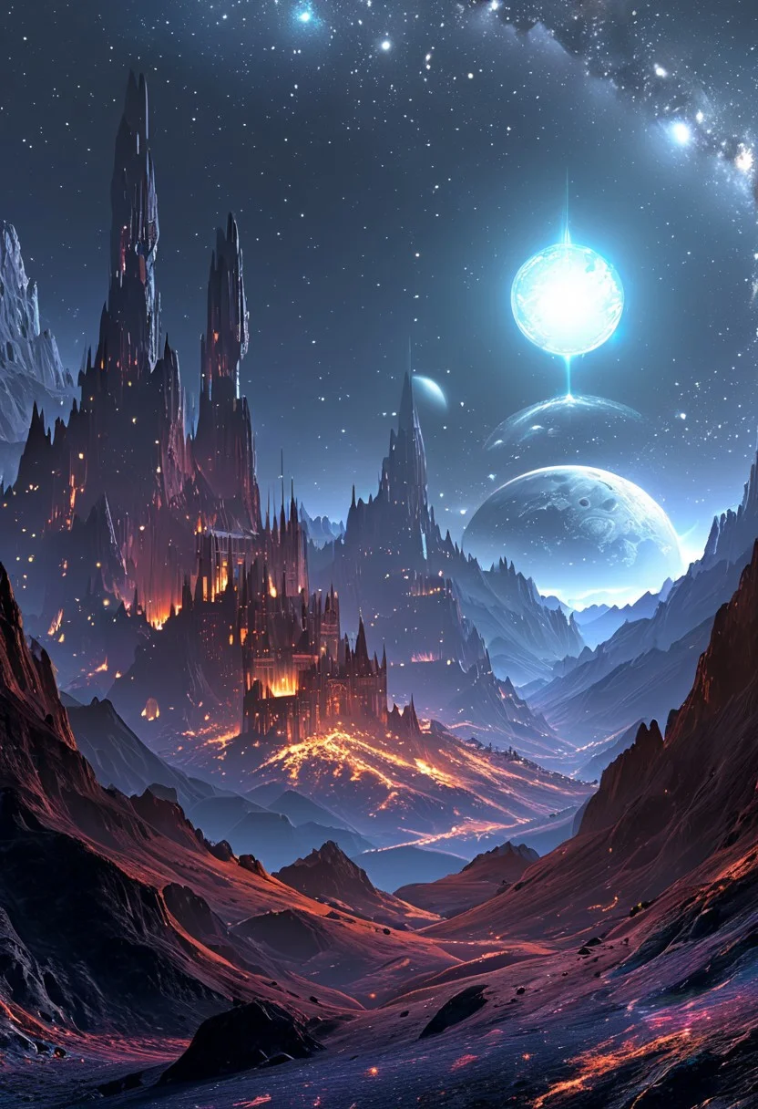 A captivating night scene illustration featuring a bright and inviting futuristic space base on a great great mountain. The great technologically advanced base and mountain are much like Neuschwanstein Castle in Bavaria. Spaceships fly overhead. This enchanting artwork captures a dark but comforting night, where 2 brilliant moons hang above and over the great valley and advanced space fortress which stands resolute amidst the great mountains, creating a cinematic experience., space_backround, illustration, cinematic
<lora:DonM3t3rn1tyXL-v1.1:0.7>, DonM3t3rn1tyXL,
OverallDetailXL <lora:MJ52:0.3> <lora:SDXLFaeTastic2400:0.4> <lora:EpicF4nta5yXL:0.7>