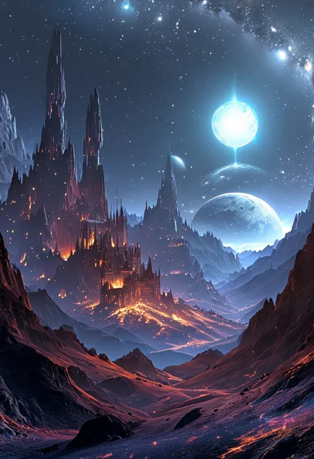 A captivating night scene illustration featuring a bright and inviting futuristic space base on a great  great mountain. The great technologically advanced base and mountain are much like Neuschwanstein Castle in Bavaria. Spaceships fly overhead. This enchanting artwork captures a dark but comforting night, where 2 brilliant moons hang above and over the  great valley  and advanced space fortress which  stands resolute amidst the great mountains, creating a cinematic experience., space_backround, illustration, cinematic
<lora:DonM3t3rn1tyXL-v1.1:0.7>, DonM3t3rn1tyXL,
OverallDetailXL  <lora:MJ52:0.3>  <lora:SDXLFaeTastic2400:0.4>  <lora:EpicF4nta5yXL:0.7>