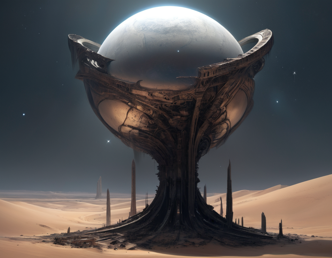 In a strange twist of fate, these colossal structures, which once reached towards the stars in defiance of nature's limitations, now lay broken and forgotten amidst the shifting sands of an eternal desert, b3ks1n