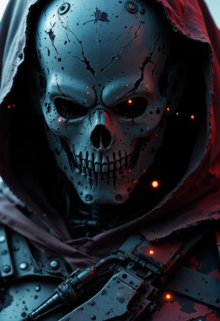 A close-up of a desolate robotic soldier, his war-torn face frozen in a moment of silence. His metal mask is cracked and corroded, its once-pristine surface now worn down by time and battle. One eye glows faintly, flickering with the last remnants of power, while the other is shattered, leaking thin arcs of electricity into the cold air. A deep scar runs across his synthetic cheek, remnants of past conflicts etched into his very being.
His breathless form is framed by the tattered remnants of his cloak, its edges frayed and interwoven with shattered circuits, barely clinging to his massive frame. The ambient glow of distant fires and glitching city lights cast deep shadows across his features, contrasting sharply with bleached red highlights that illuminate the battle-worn edges of his armor. Digital distortion lingers in the air, fractured echoes of long-lost comrades whispering through the static.
The camera lingers close—tight framing accentuates the details of his ruined form, the depth of his silent sorrow. Every tiny dent, every broken wire, every flickering light tells the story of a warrior who has outlived his war, kneeling in a moment of quiet, haunting reflection.