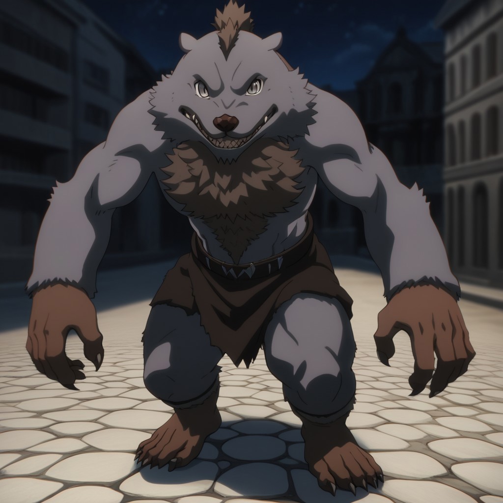 quagoa, anthro, furry, fur, male, solo, teeth, sharp teeth, no humans, closed mouth, normal expression, male focus, 1boy, looking at viewer, night, dark, grey fur, grey eyes, common quagoa, brown fur, full body, 5 fingers, 5 toes, feet, claws, building, structure, blurry background, masterpiece, ultra detailed, high quality, score_9, score_8_up, score_7_up, score_6_up