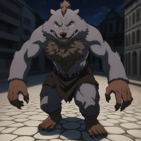 quagoa, anthro, furry, fur, male, solo, teeth, sharp teeth, no humans, closed mouth, normal expression, male focus, 1boy, looking at viewer, night, dark, grey fur, grey eyes, common quagoa, brown fur, full body, 5 fingers, 5 toes, feet, claws, building, structure, blurry background, masterpiece, ultra detailed, high quality, score_9, score_8_up, score_7_up, score_6_up